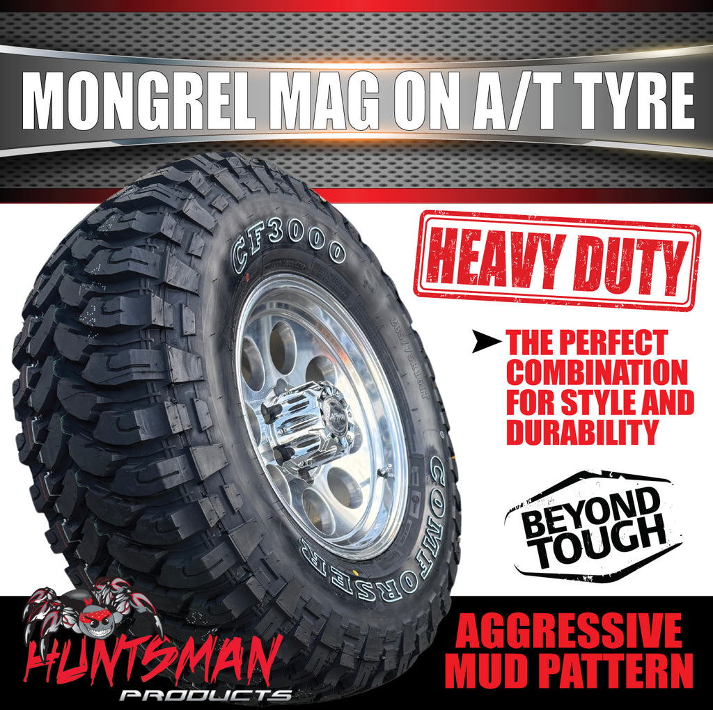 16x8 Polished Mongrel Mag Rim 6/139.7 PCD & 265/70R16 LT Comforser CF3000 Mud Tyre