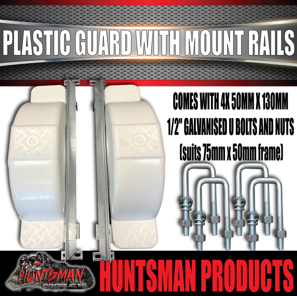 x2 Boat Trailer Slipper Spring Mount Rails + White Plastic Guards Suit 13" & 14" Tyres