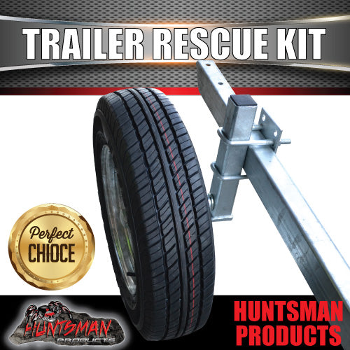 Trailer Rescue Kit , Spare Wheel, 165r13C Tyre & Holder inc hub & LM bearings