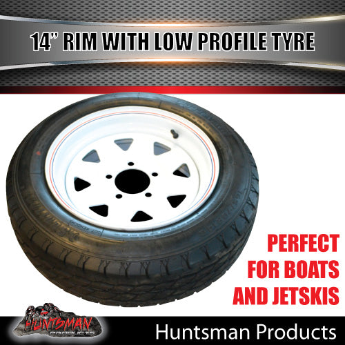 14x6 Trailer Caravan Sunraysia White Rim & 175/65R14C Low Profile Tyre: suits Ford pattern. 175 65 14