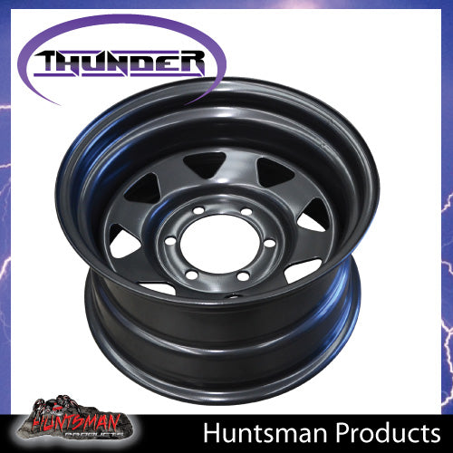 15x8 6 Stud Black Thunder Steel Rim -23 Offset. 6/139.7 PCD.  Fits Landcruiser, Patrol etc
