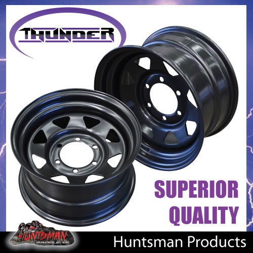 16x8 6 Stud Black Thunder Steel Rim. 6/139.7PCD 0 Offset. Fits Landcruiser, Patrol, Ranger etc