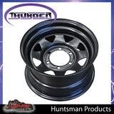 15x8 6 Stud Black Thunder Steel Rim. 0 Offset. 6/139.7 PCD.  Fits Landcruiser, Patrol etc