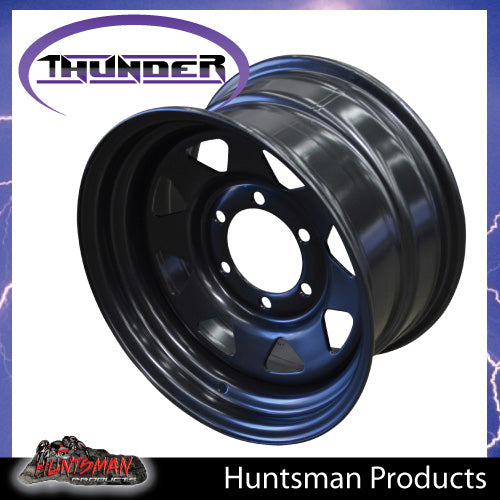 16x8 6 Stud Black Thunder Steel Rim. 6/139.7PCD 0 Offset. Fits Landcruiser, Patrol, Ranger etc