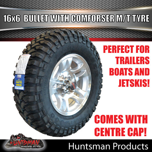 16" Trailer Caravan 6 Stud Bullet Mag & 245/75R16 L/T Comforser Mud Tyre. 245 75 16