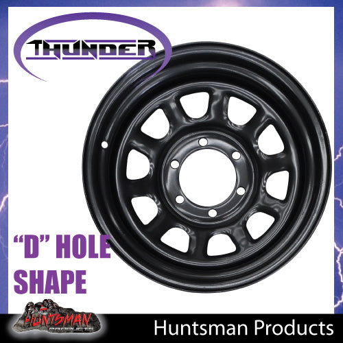 15x8 6 Stud Black Thunder D Hole Steel Wheel Rim -23 Offset. 6/139.7 PCD.  Fits Landcruiser, Patrol etc