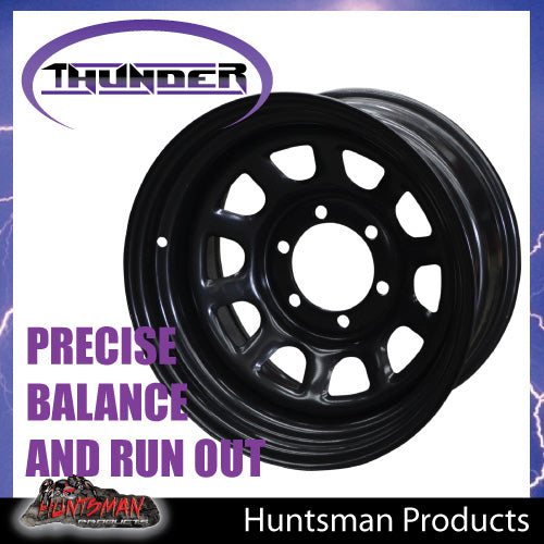 15x8 6 Stud Black Thunder D Hole Steel Wheel Rim -23 Offset. 6/139.7 PCD.  Fits Landcruiser, Patrol etc