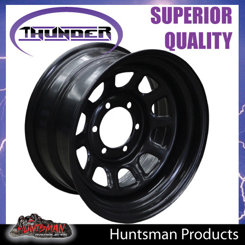15x8 6 Stud Black Thunder D Hole Steel Wheel Rim -23 Offset. 6/139.7 PCD.  Fits Landcruiser, Patrol etc