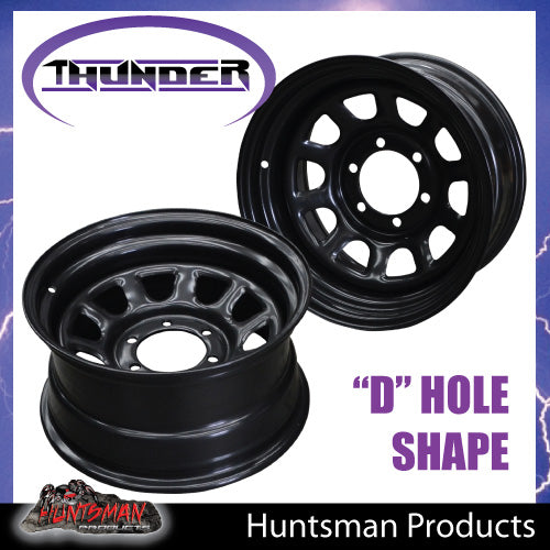 15x8 6 Stud Black Thunder D Hole Steel Wheel Rim -23 Offset. 6/139.7 PCD.  Fits Landcruiser, Patrol etc