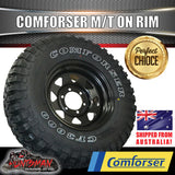 265/70R16 L/T Comforser Mud tyre on 16" black steel wheel. 265 70 16