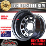 15x10 6 Stud Black Thunder D Hole Steel Wheel Rim -44 Offset. 6/139.7 PCD.  .Fits Landcruiser, Patrol etc