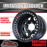 15X10 6/139.7 PCD -44 Offset Steel Imitation Beadlock Rim Stainless Bolt 8 spoke.  Fits Landcruiser, Patrol etc