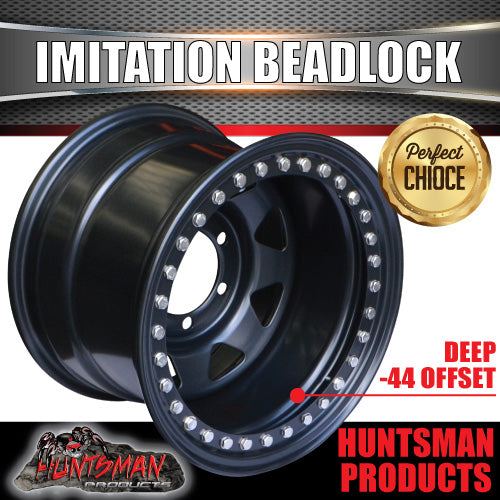 16X10 6/139.7 PCD -44 Offset Steel Imitation Beadlock Rim Stainless Bolt 8 spoke.  Fits Landcruiser, Patrol etc