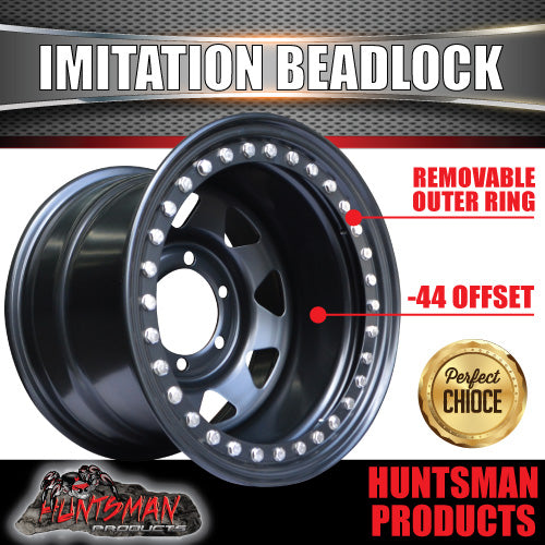 16X10 6/139.7 PCD -44 Offset Steel Imitation Beadlock Rim Stainless Bolt 8 spoke.  Fits Landcruiser, Patrol etc