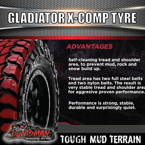 285/75R16 L/T Gladiator X-COMP Mud Tyre on 16" Black Steel Wheel. 285 75 16
