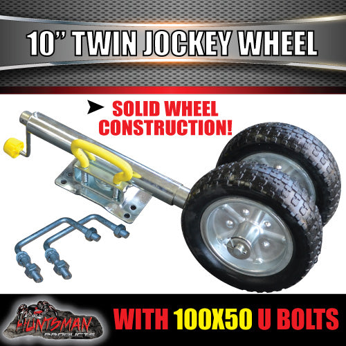 Twin 10" Trailer Caravan Jockey Wheel 1600kg Swing Up Solid wheels + U Bolts Suit 100x50mm Frame