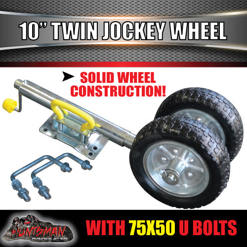 Twin 10" Trailer Caravan Jockey Wheel 1600kg Swing Up Solid wheels + U Bolts Suit 75x50mm Frame