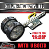 Twin 8" Trailer Caravan Jockey Wheel 1200kg Swing Up Solid wheels + U Bolts Suit 75x50mm Frame