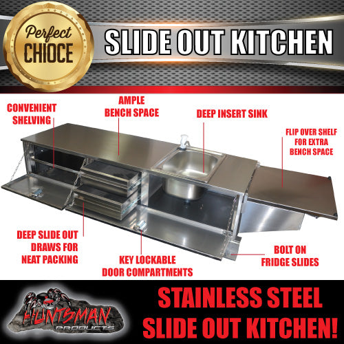 Stainless Steel Camper Trailer Caravan Slide Out Kitchen. 2 Drawers, Sink Tap