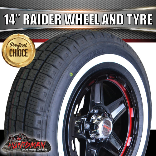 14" Trailer Caravan Raider Alloy Mag & 185R14C Whitewall Tyre. suits Ford. 185 14
