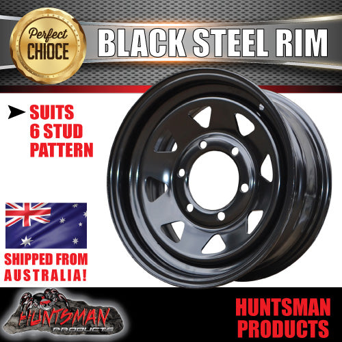 14x6 Sunraysia 6 Stud Landcruiser Pattern 6/139.7 PCD Black Trailer Steel Wheel Rim. Caravan Camper