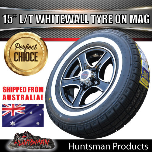 15" Trailer Caravan 6 Stud Stealth Mag & 205/70R15C comforser Whitewall Tyre. 205 70 15