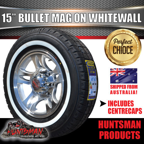 15" Trailer Caravan Ford Pattern Bullet Mag & 205/75R15C Whitewall Tyre. 205 75 15