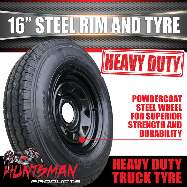 16x6" Plant Trailer Black 6 Stud Steel Rim & 7:50R16 L/T Truck Tyre 1200kg
