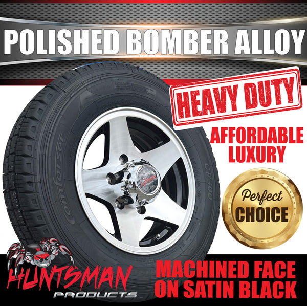 14" Trailer Caravan 6 Stud Polished Bomber Alloy Wheel & 195R14C Commercial Tyre. 195 14