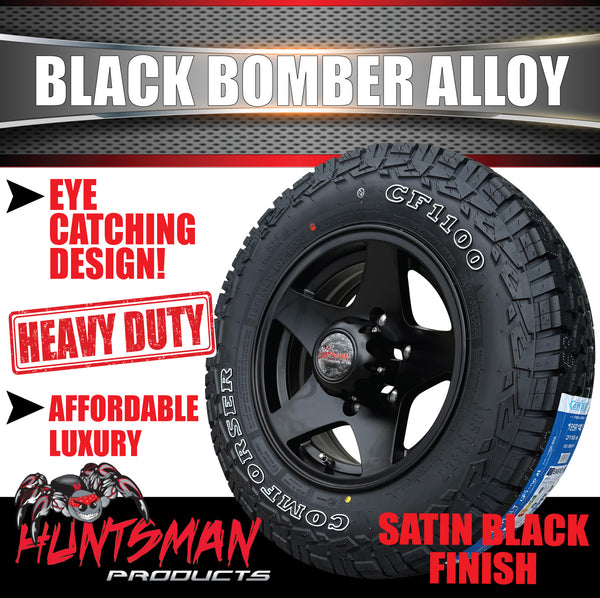 14" Trailer Caravan 6 Stud Black Bomber Alloy Wheel & 18514 LT RA1100 A/T Commercial Tyre. 185 14