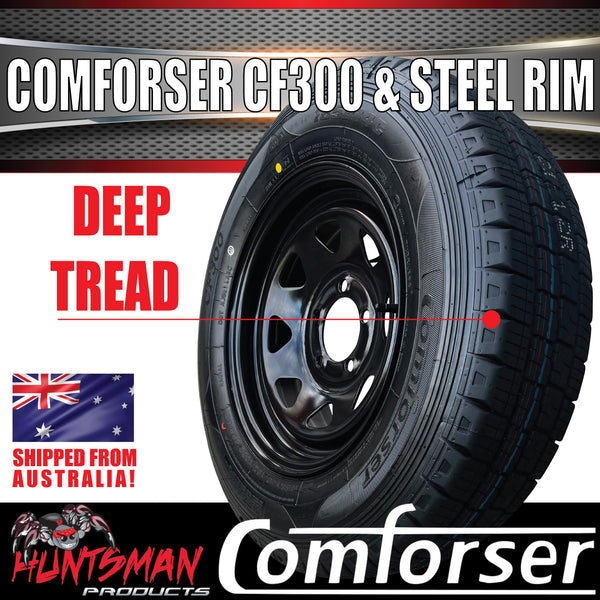 14x6 & 195R14C Ford Pattern Trailer Caravan Black Sunraysia Wheel Rim & Comforser CF300 Tyre 195 14