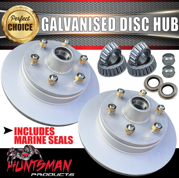 2x 12" Galvanised Dacromet 6 Stud Trailer Caravan Disc Hubs 6/139.7 PCD. S/L Bearings & Marine Seals