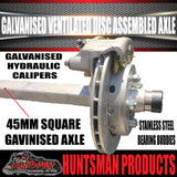 Galvanised 45mm Square Ventilated Hydraulic Disc Braked Trailer Axle 1400Kg, Axle Lengths 64''-77''.