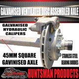 Galvanised 45mm Square Ventilated Hydraulic Disc Braked Trailer Axle 1400Kg, Axle Lengths 78''-96''.