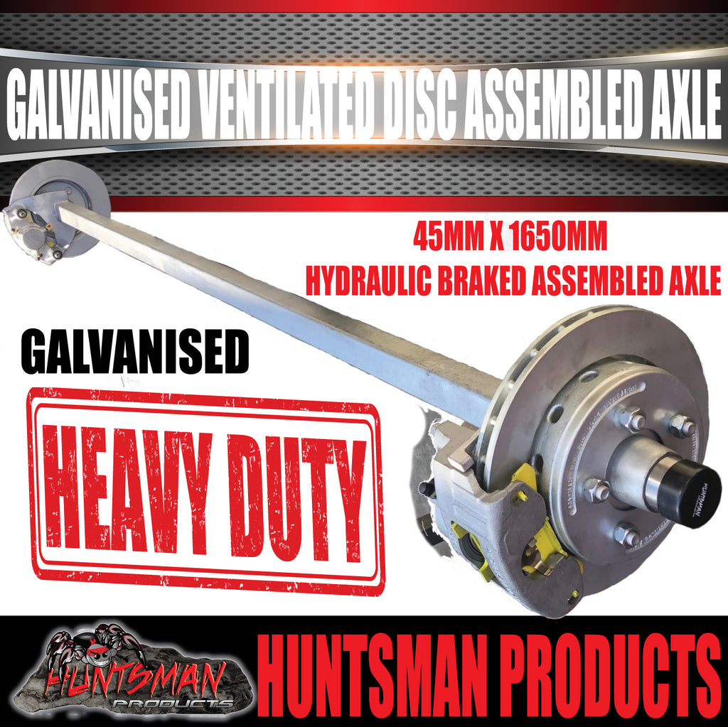 Galvanised 45mm Square Ventilated Hydraulic Disc Braked Trailer Axle 1400Kg, Axle Lengths 64''-77''.