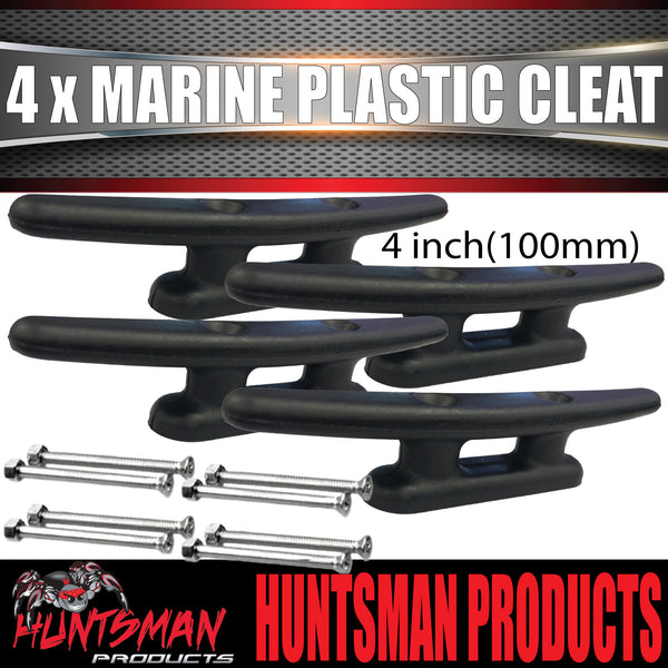 4x 100mm Marine Boat Yacht Black Nylon Plastic Cleat + SS Bolts UV Resistant