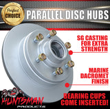 x2 12" Dacromet 1600kg 6 Stud Parallel Trailer Caravan Disc Hubs 6/139.7 PCD.