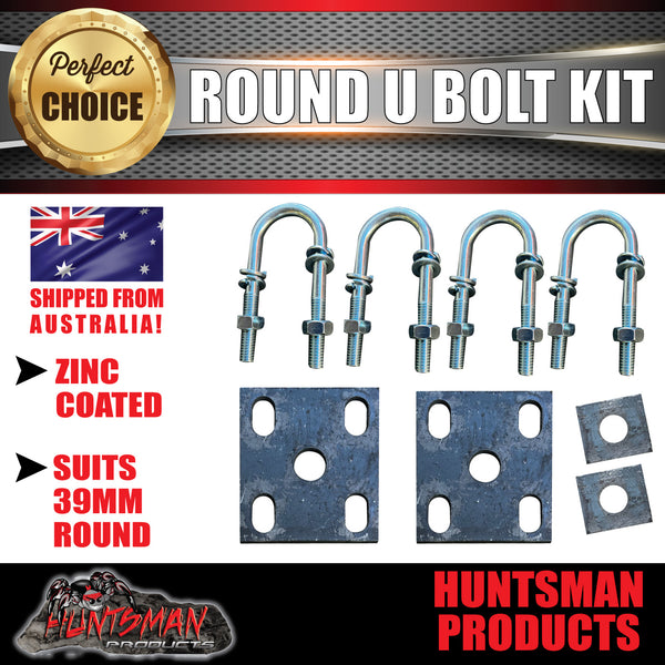 Trailer U Bolt Kit. 39mm x 115mm Round. With Fish Plates & Axle Pads