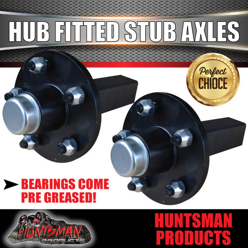 2X Trailer 5 Stud hubs Fitted 39mm Round Stub Axles. LM Holden Bearings 750KG