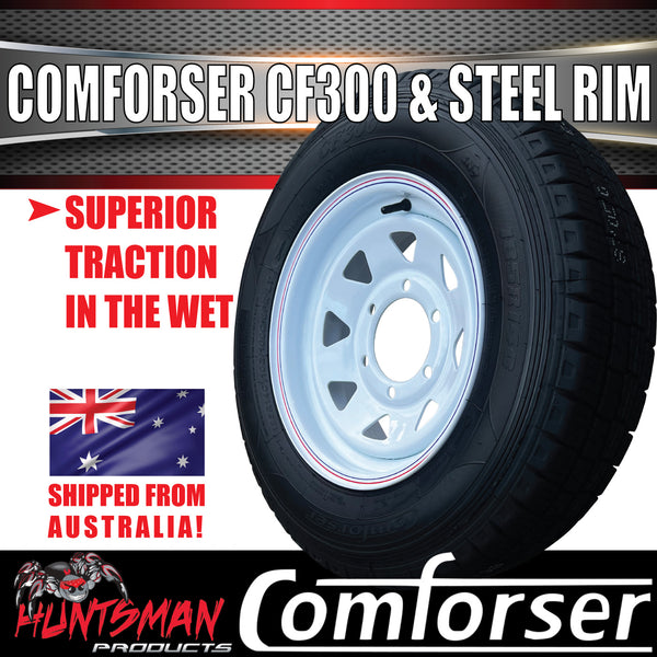 14x6 & 185R14C LT Trailer Caravan Sunraysia White 6 Stud Landcruiser Pattern Wheel Rim & Comforser CF300 Tyre