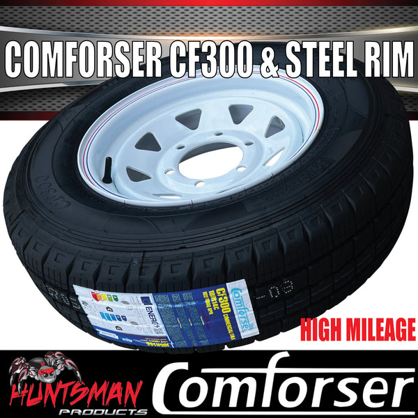 14x6 & 185R14C LT Trailer Caravan Sunraysia White 6 Stud Landcruiser Pattern Wheel Rim & Comforser CF300 Tyre