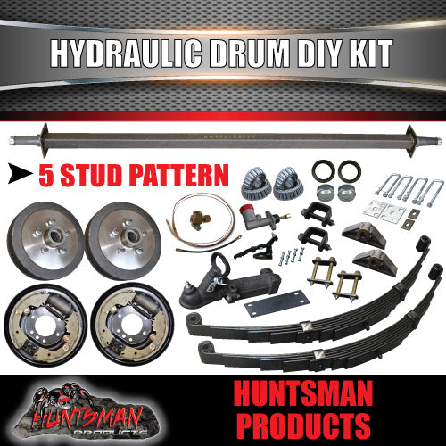 DIY 1400Kg Trailer Kit. Hydraulic drum Braked Eye to Eye Springs, Axles 64" - 77"