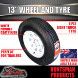 13" TRAILER CARAVAN WHITE FORD PATTERN STEEL RIM & 155R13C TYRE. 155 13