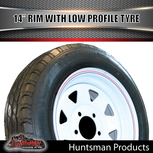 14x6 Trailer Caravan Sunraysia White Rim & 175/65R14C Low Profile Tyre: suits Ford pattern. 175 65 14