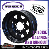 15x8 6 Stud Black Thunder Steel Rim. 0 Offset. 6/139.7 PCD.  Fits Landcruiser, Patrol etc