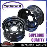 15x8 6 Stud Black Thunder Steel Rim. 0 Offset. 6/139.7 PCD.  Fits Landcruiser, Patrol etc