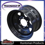 15x8 6 Stud Black Thunder Steel Rim. 0 Offset. 6/139.7 PCD.  Fits Landcruiser, Patrol etc
