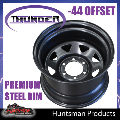 16x10 6 Stud Black Thunder Steel Rim -44 Offset. 6/139.7 PCD.  Fits Landcruiser, Patrol etc