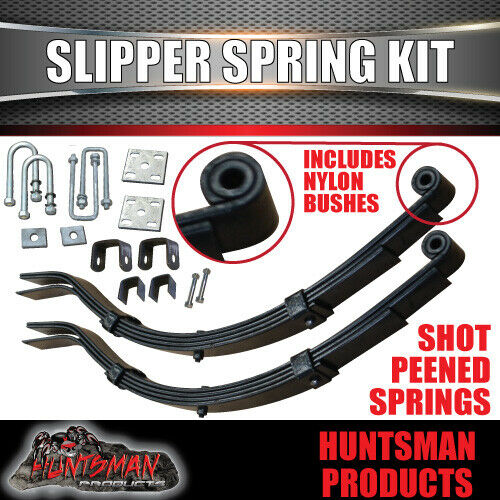 2x Trailer 4 Leaf 45mm Eye & Slipper Springs with Hanger & U Bolt Kit 900kg.