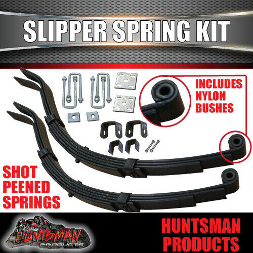 2x 5 Leaf 45mm Eye & Slipper Springs with Hanger & U Bolt Kit 1000kg.